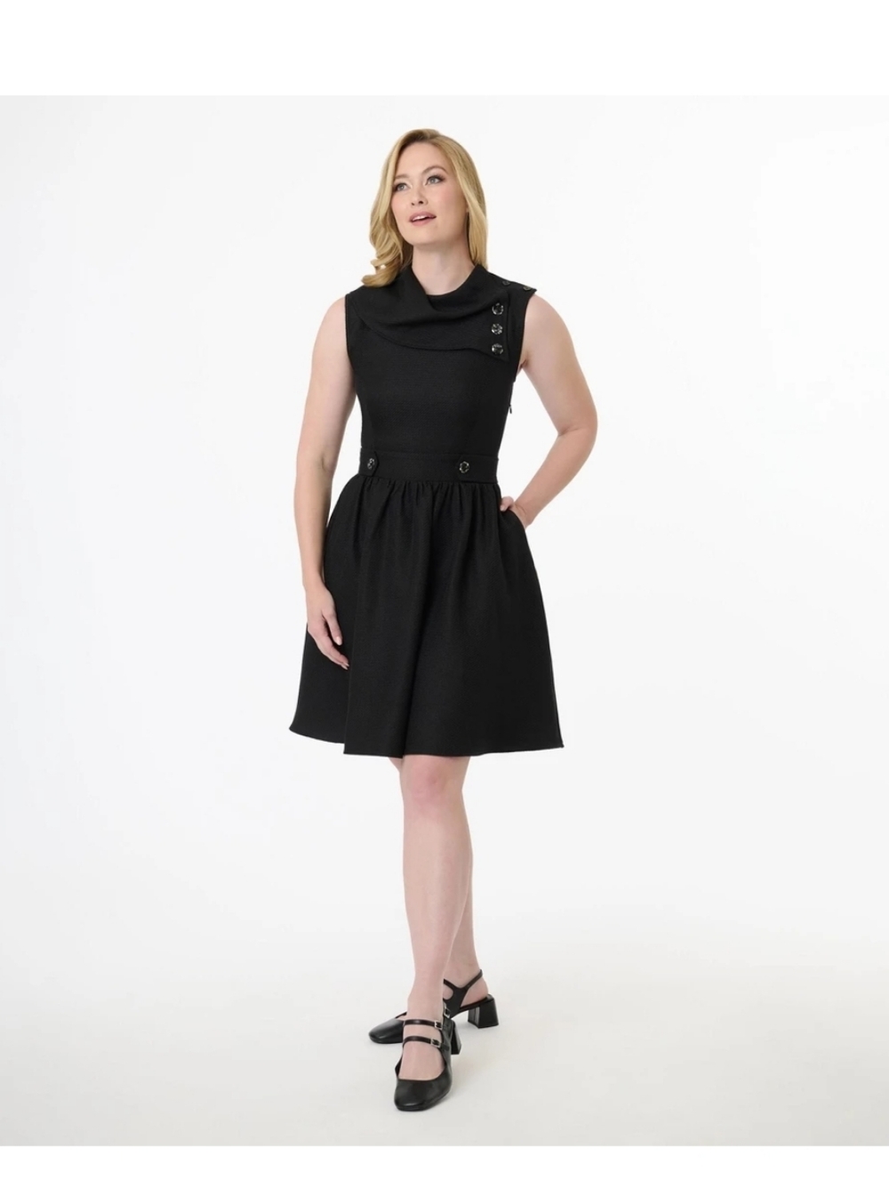 Smak Parlour Sleeveless Black Tweed Funnel Neck Fit And Flare Dress Retro Pinup